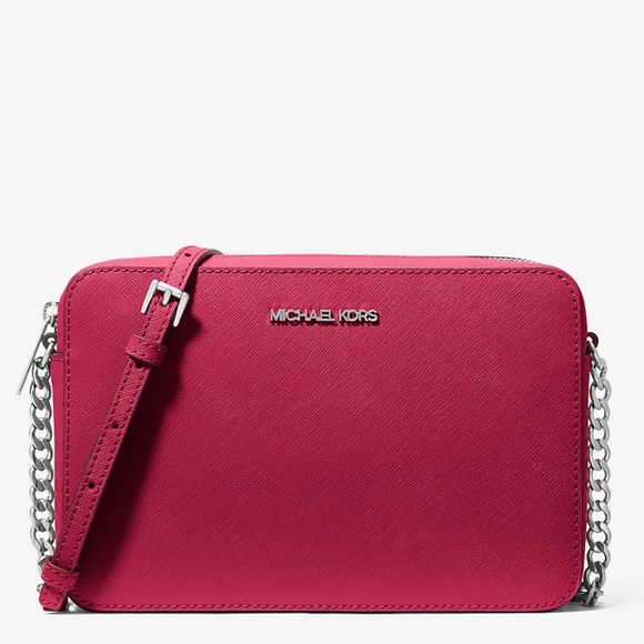 Michael Kors Jet Set Large Saffiano Leather Crossbody Bag Dark Raspberry - Picture 1 of 11